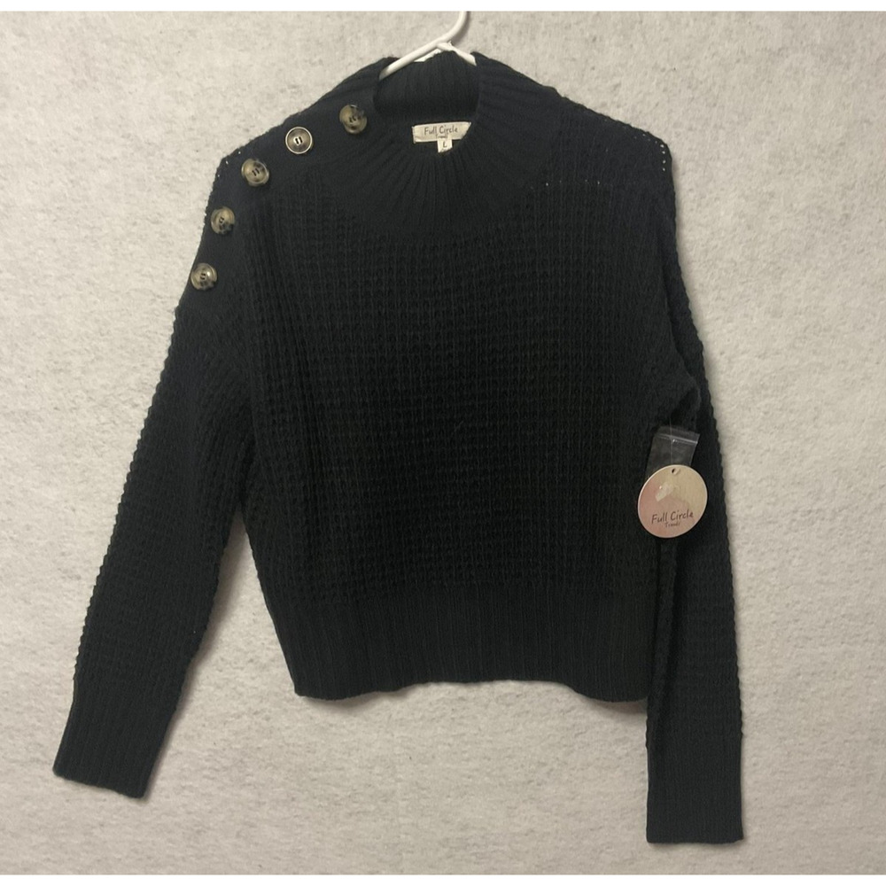 Full Circle Trends Sweater Womens Large Black Button Shoulder‎ Waffle Knit